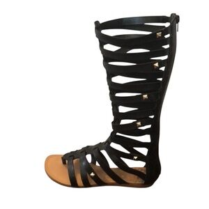 Fergalicious Gladiator Sandals Size 6 Black‎ Faux Leather Silver Studs Knee High
